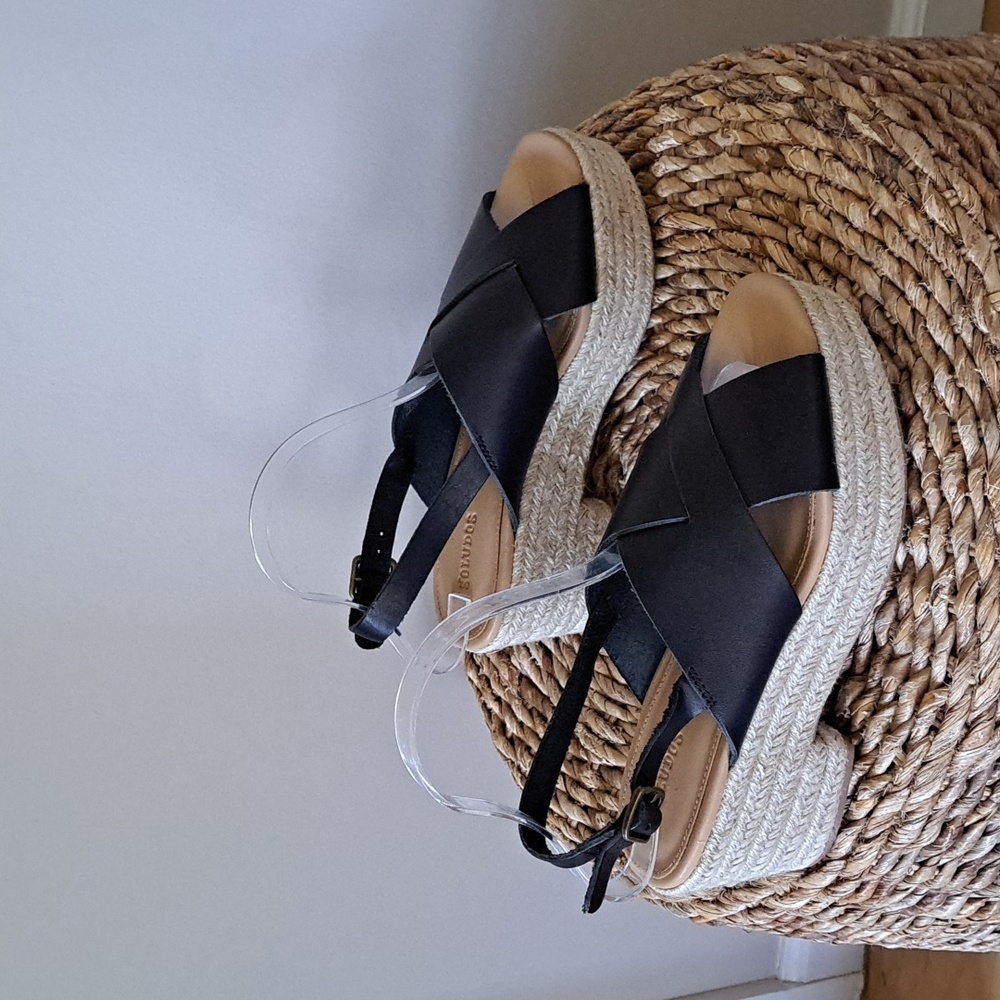Soludos Womens Black Leather Cross Strap 3" Platform‎ Espadrille Sandals S-8